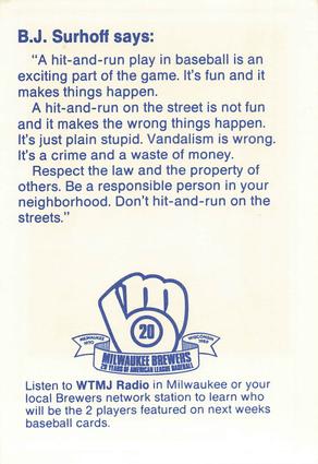 1989 Milwaukee Brewers Police - Caledonia PD #NNO B.J. Surhoff Back