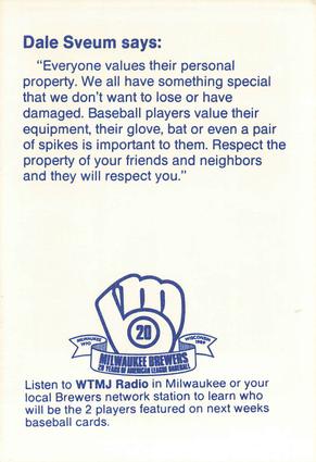 1989 Milwaukee Brewers Police - Eagle/Palmyra PDs and The Eagle/Palmyra Lions Clubs #NNO Dale Sveum Back