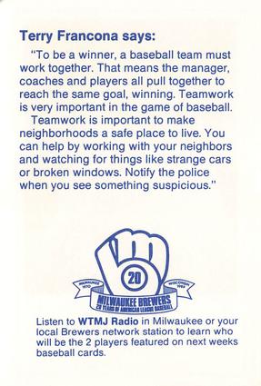 1989 Milwaukee Brewers Police - Fond du Lac Police Department, Shopko and the National Exchange Bank #NNO Terry Francona Back