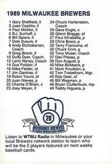 1989 Milwaukee Brewers Police - Lebanon #NNO Team Back