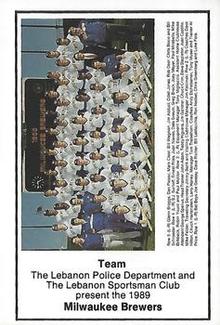 1989 Milwaukee Brewers Police - Lebanon #NNO Team Front
