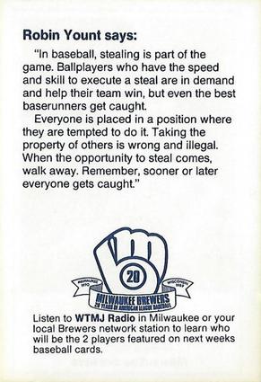 1989 Milwaukee Brewers Police - City of Oconomowoc Police Dept., Oconomowoc Breakfast Kiwanis Club #NNO Robin Yount Back