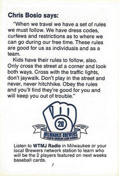 1989 Milwaukee Brewers Police - Portage County Deputy Sheriff's Association #NNO Chris Bosio Back