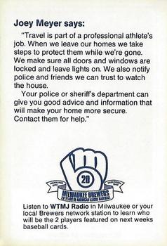 1989 Milwaukee Brewers Police - Portage County Deputy Sheriff's Association #NNO Joey Meyer Back