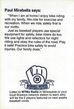 1989 Milwaukee Brewers Police - Portage County Deputy Sheriff's Association #NNO Paul Mirabella Back
