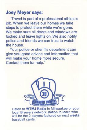 1989 Milwaukee Brewers Police - Viroqua Police Department #NNO Joey Meyer Back