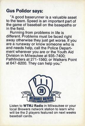 1989 Milwaukee Brewers Police - Watertown Police Department and Watertown Lion's Club #NNO Gus Polidor Back