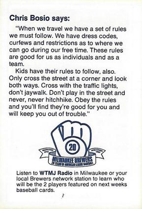 1989 Milwaukee Brewers Police - Waukesha County Sheriff's Reserve, Sav-U Foods Oconomowoc #NNO Chris Bosio Back