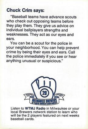 1989 Milwaukee Brewers Police - Waukesha County Sheriff's Reserve, Sav-U Foods Oconomowoc #NNO Chuck Crim Back