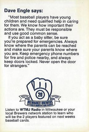1989 Milwaukee Brewers Police - Waukesha County Sheriff's Reserve, Sav-U Foods Oconomowoc #NNO Dave Engle Back