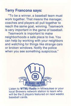 1989 Milwaukee Brewers Police - Waukesha Police Department and Fan Appreciation #NNO Terry Francona Back