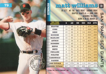1994 Topps - Superstar Samplers Bowman #49 Matt Williams Back