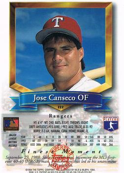 1994 Topps - Superstar Samplers Finest #222 Jose Canseco Back