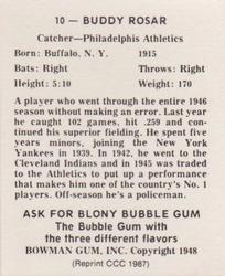 1987 Card Collectors 1948 Bowman Reprint #10 Buddy Rosar Back