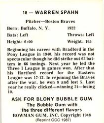 1987 Card Collectors 1948 Bowman Reprint #18 Warren Spahn Back