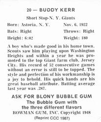1987 Card Collectors 1948 Bowman Reprint #20 Buddy Kerr Back