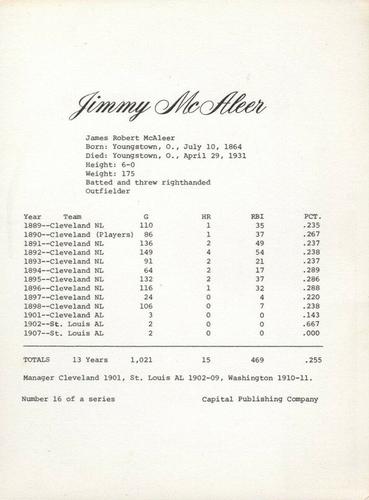 1974 Capital Publishing #16 Jimmy McAleer Back