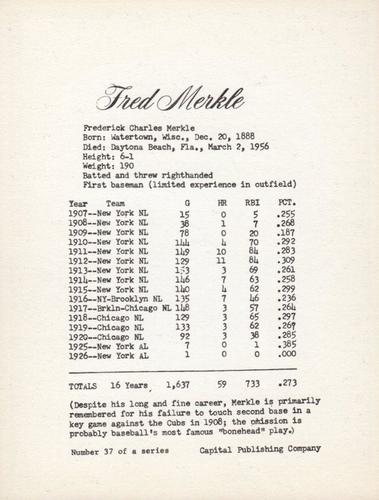 1974 Capital Publishing #37 Fred Merkle Back