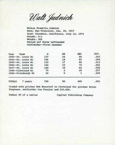 1974 Capital Publishing #49 Walt Judnich Back