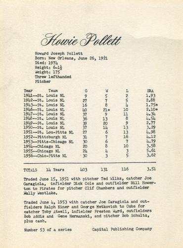 1974 Capital Publishing #53 Howie Pollet Back