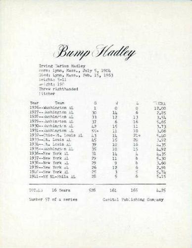 1974 Capital Publishing #57 Bump Hadley Back