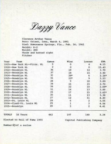 1974 Capital Publishing #63 Dazzy Vance Back