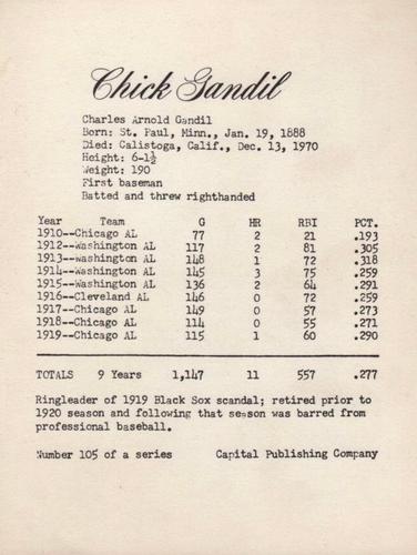 1974 Capital Publishing #105 Chick Gandil Back