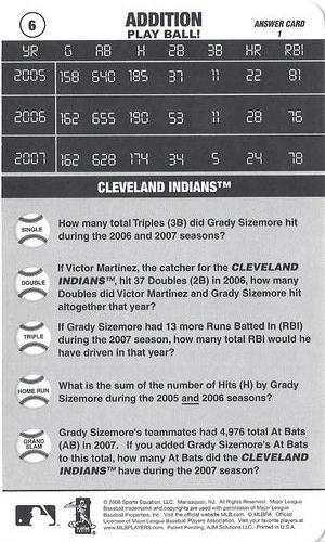 2008 Sports Equation Math Learning Cards: Addition & Subtraction #6 Grady Sizemore Back