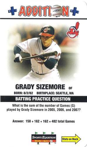 2008 Sports Equation Math Learning Cards: Addition & Subtraction #6 Grady Sizemore Front