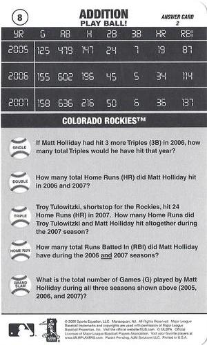 2008 Sports Equation Math Learning Cards: Addition & Subtraction #8 Matt Holliday Back