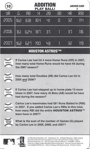 2008 Sports Equation Math Learning Cards: Addition & Subtraction #10 Carlos Lee Back