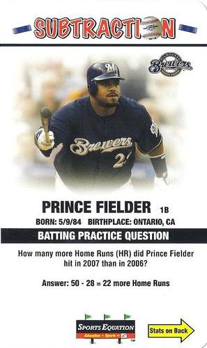 2008 Sports Equation Math Learning Cards: Addition & Subtraction #25 Prince Fielder Front