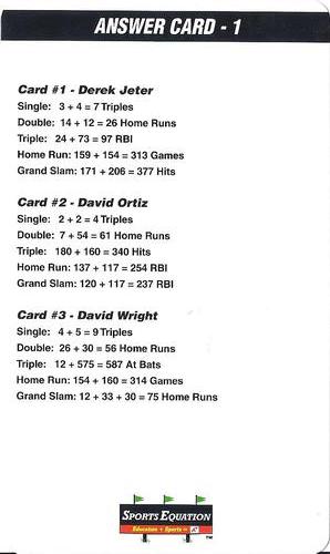 2008 Sports Equation Math Learning Cards: Addition & Subtraction #AC1 Answer Card #1 Front