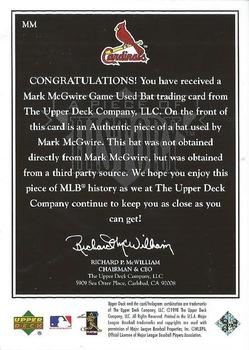 1999 Upper Deck Black Diamond - A Piece of History #MM Mark McGwire  Back