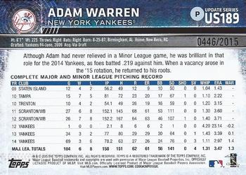 2015 Topps Update - Gold #US189 Adam Warren Back