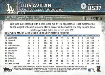 2015 Topps Update - Gold #US37 Luis Avilan Back