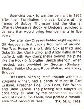 1974 TCMA 1952 Brooklyn Dodgers #NNO Header Team History Card - Jackie Robinson / Gil Hodges / Roy Campanella / Billy Cox / Pee Wee Reese Back