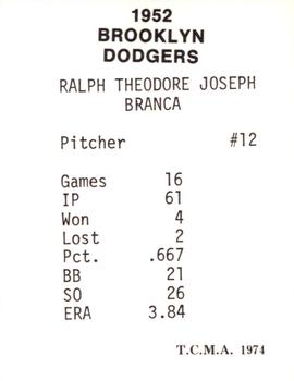 1974 TCMA 1952 Brooklyn Dodgers #NNO Ralph Branca Back