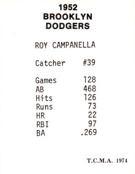 1974 TCMA 1952 Brooklyn Dodgers #NNO Roy Campanella Back