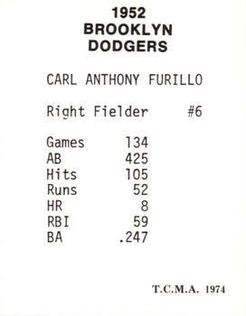 1974 TCMA 1952 Brooklyn Dodgers #NNO Carl Furillo Back