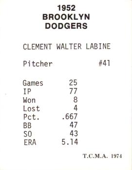 1974 TCMA 1952 Brooklyn Dodgers #NNO Clem Labine Back