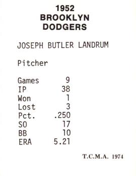 1974 TCMA 1952 Brooklyn Dodgers #NNO Joe Landrum Back
