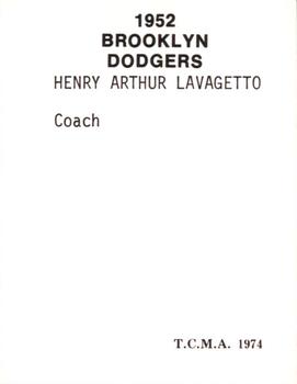1974 TCMA 1952 Brooklyn Dodgers #NNO Cookie Lavagetto Back