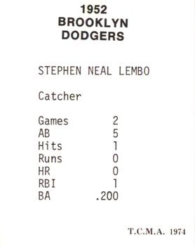1974 TCMA 1952 Brooklyn Dodgers #NNO Steve Lembo Back