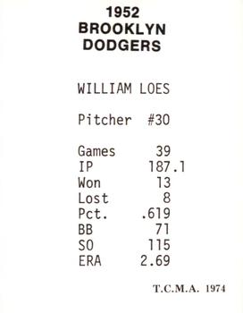 1974 TCMA 1952 Brooklyn Dodgers #NNO Billy Loes Back