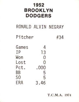 1974 TCMA 1952 Brooklyn Dodgers #NNO Ron Negray Back