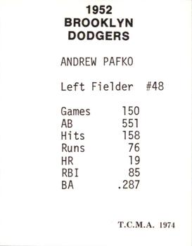 1974 TCMA 1952 Brooklyn Dodgers #NNO Andy Pafko Back