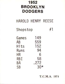 1974 TCMA 1952 Brooklyn Dodgers #NNO Pee Wee Reese Back