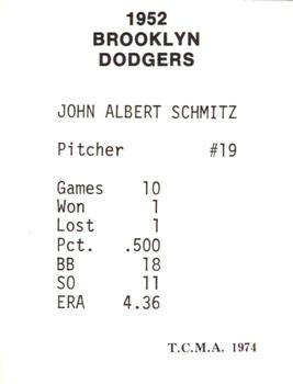 1974 TCMA 1952 Brooklyn Dodgers #NNO Johnny Schmitz Back