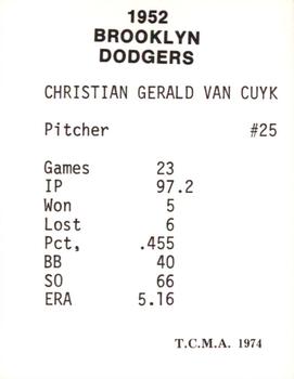 1974 TCMA 1952 Brooklyn Dodgers #NNO Chris Van Cuyk Back